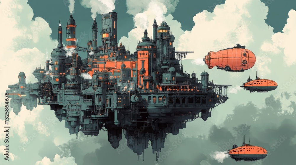 Obraz premium Floating Island City with Airships and Industrial Architecture