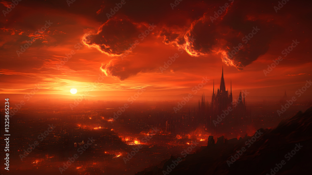Fototapeta premium A dark red sky with few clouds of fire, a fantastical, epic landscape in the distance, a fantasy city below, concept art, cinematic, atmospheric, with volumetric lighting, high resolution, highly det