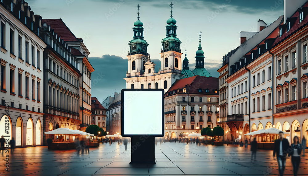 Naklejka premium Billboard Blank A prominent blank billboard in a bustling European city square, set against the backdrop of historic2