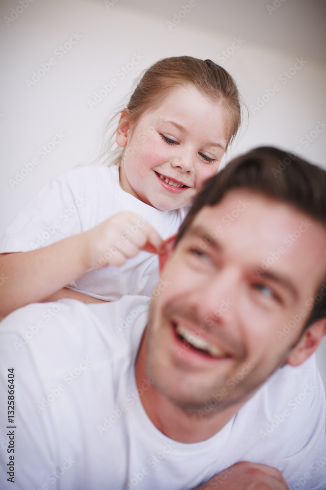 Daughter, dad and playing games in home, pulling ears and love for kid in childhood relationship. Happy, laughing and papa for protection or security, support girl and weekend with father in bedroom Daughter, dad and playing games in home, pulling ears and love for kid in childhood relationship. Happy, laughing and papa for protection or security, support girl and weekend with father in bedroom