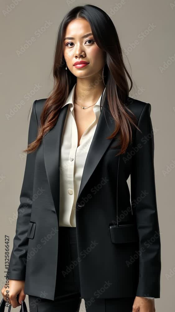 A poised businesswoman stands confidently, dressed in a sleek black suit. her professional demeanor and attire reflect power and focus, embodying the essence of modern success. A poised businesswoman stands confidently, dressed in a sleek black suit. her professional demeanor and attire reflect power and focus, embodying the essence of modern success.