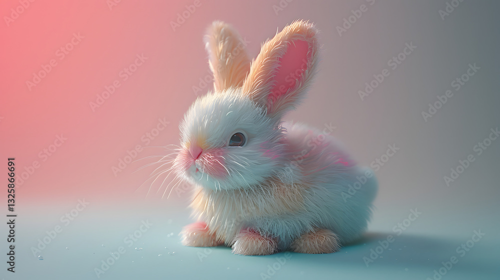 Obraz premium Adorable fluffy rabbit sitting peacefully on a soft surface with a colorful gradient background