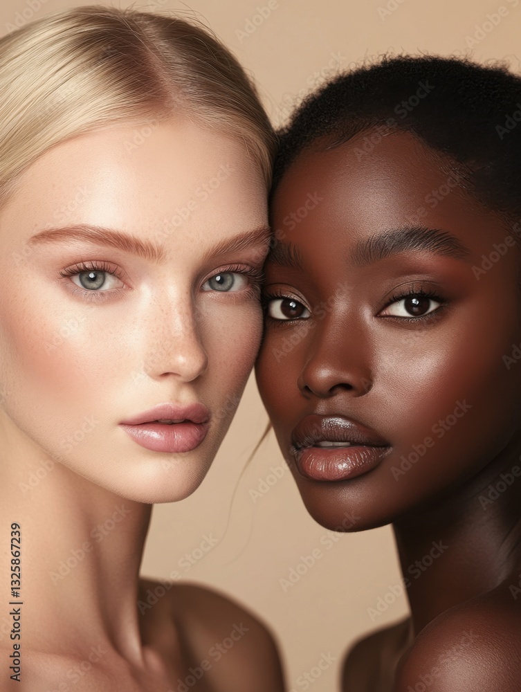 A close-up portrait of two women with contrasting skin tones, showcasing beauty and diversity against a soft, neutral background. A close-up portrait of two women with contrasting skin tones, showcasing beauty and diversity against a soft, neutral background.