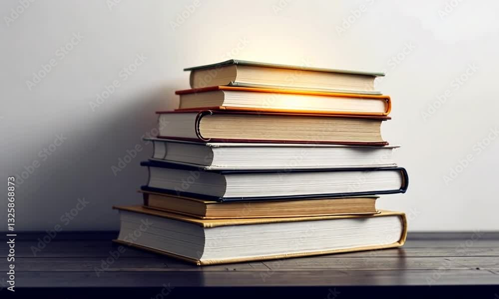 Stack of books glowing, wooden surface, light background, education concept Stack of books glowing, wooden surface, light background, education concept