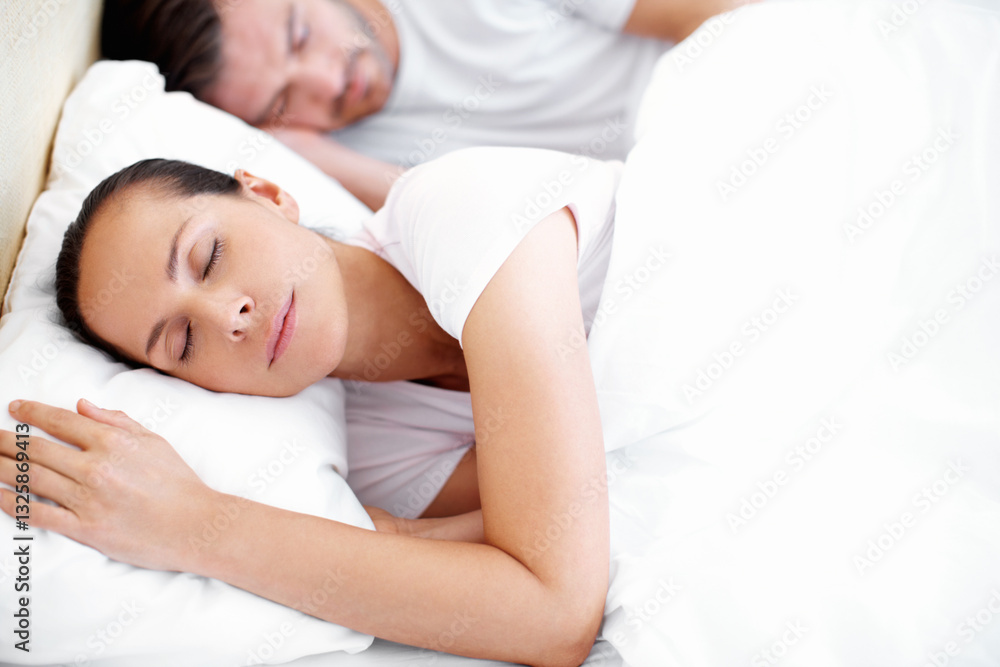 Home, bedroom and couple with sleeping for relax, peace and comfortable in healthy relationship. House, woman and man with resting for dreaming, wellness and partners for cozy nap in apartment Home, bedroom and couple with sleeping for relax, peace and comfortable in healthy relationship. House, woman and man with resting for dreaming, wellness and partners for cozy nap in apartment