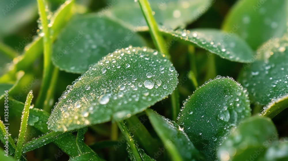 Dew Drops on Green Leaves and Grass in Early Morning Light Dew Drops on Green Leaves and Grass in Early Morning Light