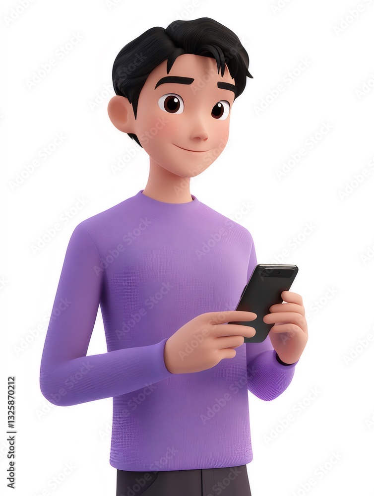 Smiling Cartoon Man Holding Smartphone in Purple Sweater Smiling Cartoon Man Holding Smartphone in Purple Sweater