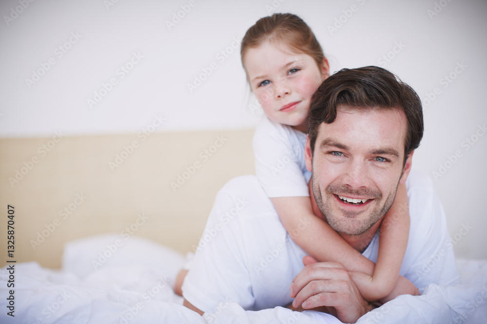 Papa, daughter and morning for embrace in home, portrait and love for kid in childhood relationship. Trust, bonding and happy for protection or security, support and weekend with father in bedroom Papa, daughter and morning for embrace in home, portrait and love for kid in childhood relationship. Trust, bonding and happy for protection or security, support and weekend with father in bedroom
