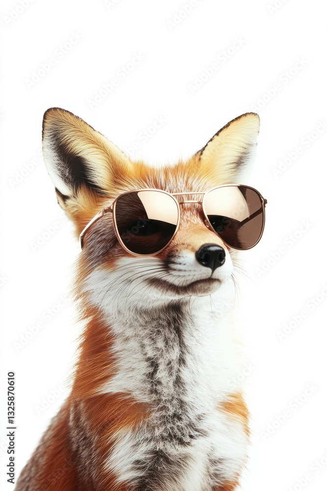 Obraz premium Fox wearing sunglasses looking cool and stylish against white background, animal portrait capturing fashion and personality in creative photography concept.