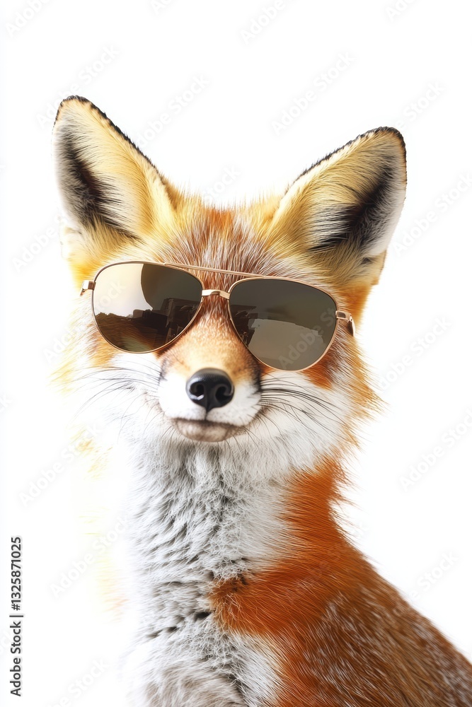 Obraz premium Fox wearing sunglasses posing confidently against a white background, stylish animal portrait, trendy wildlife photography, fun and playful nature image.