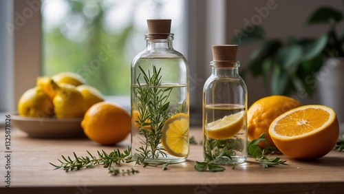 DIY natural cleaning product in glass spray bottle with herbs, citruses. Homemade detergent with lemon, orange. Eco friendly, zero waste home cleaning concept.