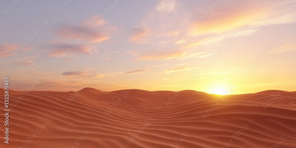 Fototapeta premium A serene desert landscape at sunset, featuring soft sand dunes bathed in warm, golden light, creating a tranquil and picturesque scene.
