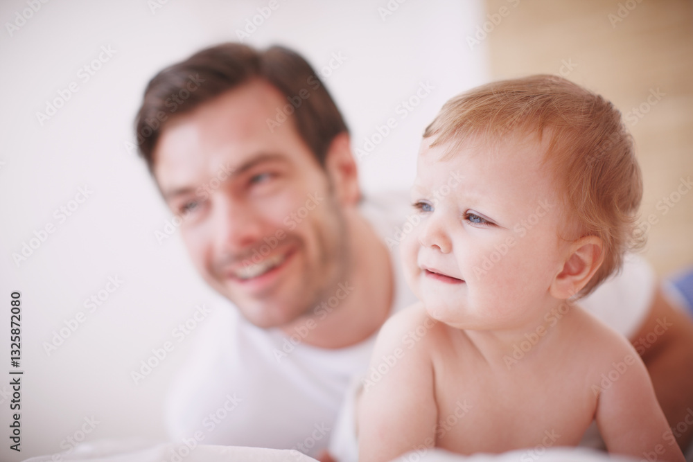 Baby, father and relax together in home, love and learning motor skills in bedroom for growth. Development, infant daughter and security in relationship, childcare and support with family safety Baby, father and relax together in home, love and learning motor skills in bedroom for growth. Development, infant daughter and security in relationship, childcare and support with family safety