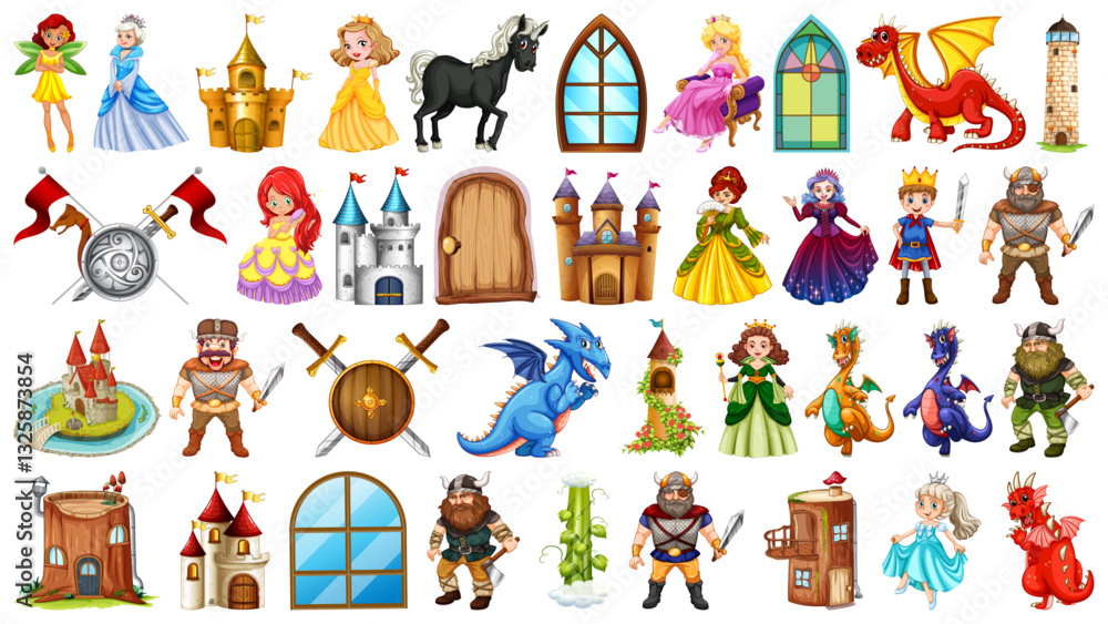 Naklejka premium Fantasy Cartoon Characters & Props Set – Dungeon, Dragon, Shield, Swords & Viking Warrior (EPS)