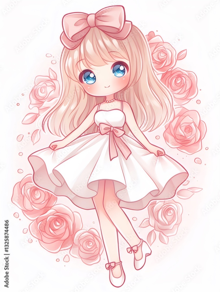 Adorable Blonde Girl in White Dress with Pink Roses Adorable Blonde Girl in White Dress with Pink Roses