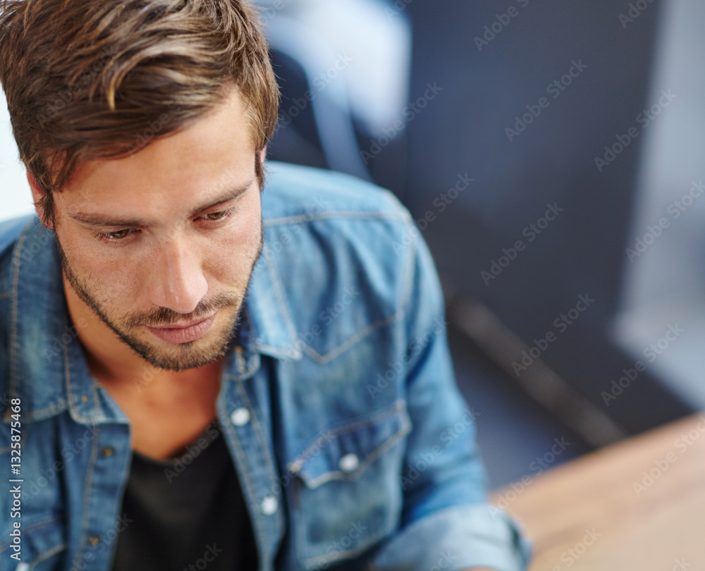 Coffee shop, table and man with depression, mental health burnout and top view for financial crisis. Upset, anxiety and person in restaurant for disappointment, stress and thinking on mistake or fail Coffee shop, table and man with depression, mental health burnout and top view for financial crisis. Upset, anxiety and person in restaurant for disappointment, stress and thinking on mistake or fail