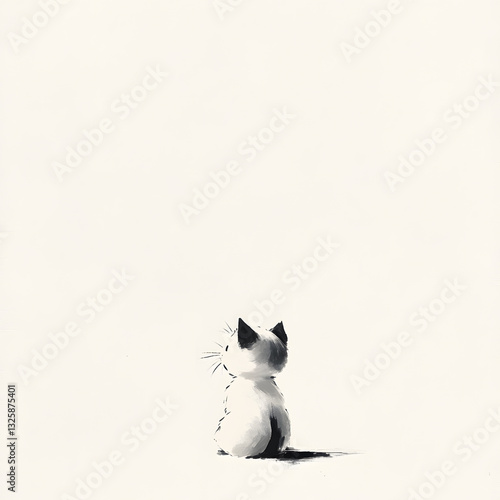 A charming little kitten sits peacefully in the center of a white canvas, created in a unique blend of Chinese ink wash and anime aesthetics. Its tiny body is fluffy white, with black-tipped ears and