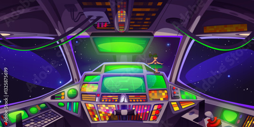 Futuristic cockpit of sci fi spaceship. Illuminated control panels, buttons and levers for spacecraft navigation. Large windshield with cosmic view. Pilot seats in intergalactic vehicle interior.