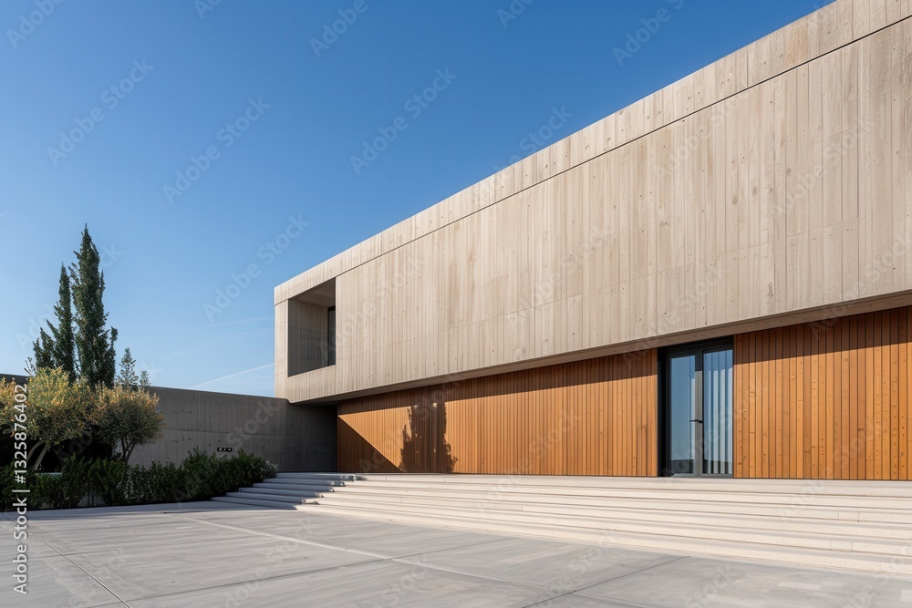 Modern Architectural Structure with Wood and Concrete Elements Modern Architectural Structure with Wood and Concrete Elements