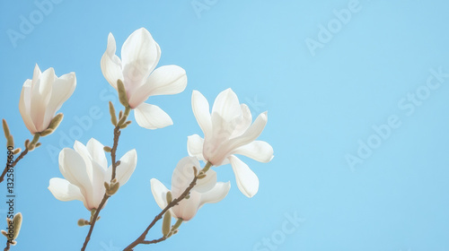 Elegant white magnolia blossoms against bright blue sky create serene and uplifting atmosphere. delicate petals and soft colors evoke feelings of tranquility and beauty