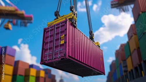 Heavy crane lifting shipping container at busy port industrial scene vibrant environment aerial view