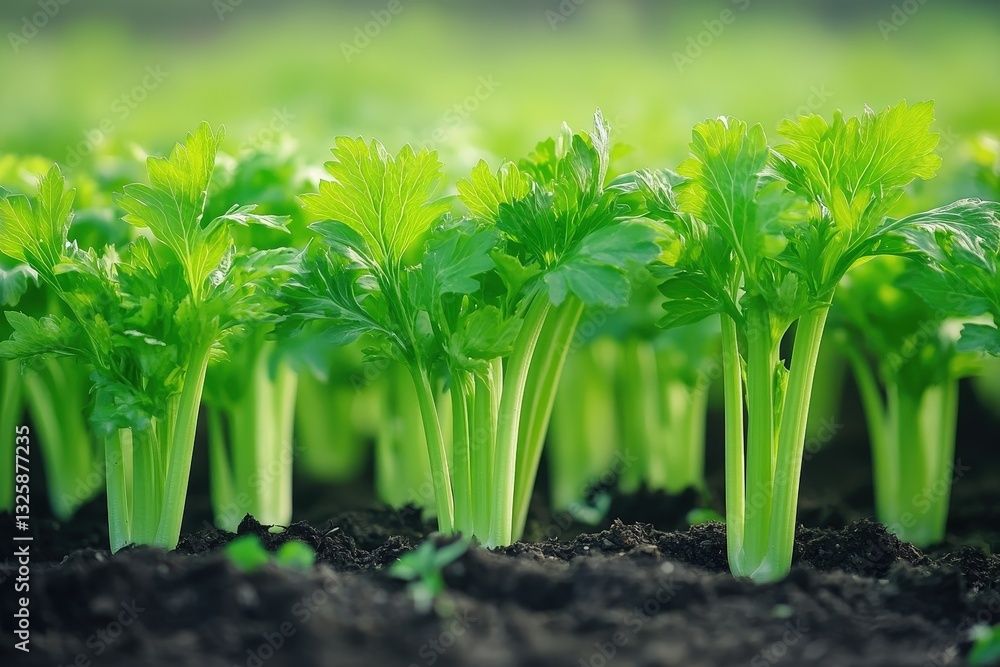 Obraz premium A vibrant cluster of green plants with slender, leaf-clad stems rises from rich soil, exuding vitality and life. Each leaf gleams with fresh, bright green hues