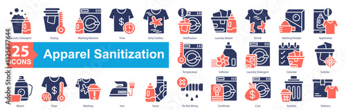 Apparel Sanitization Icon Sheet Laundry Detergent, Drying, Washing Machine, Time, Dirty Clothes, Notification, Laundry Basket, Shrink, Washing Powder, Application, Temperature, Delivery