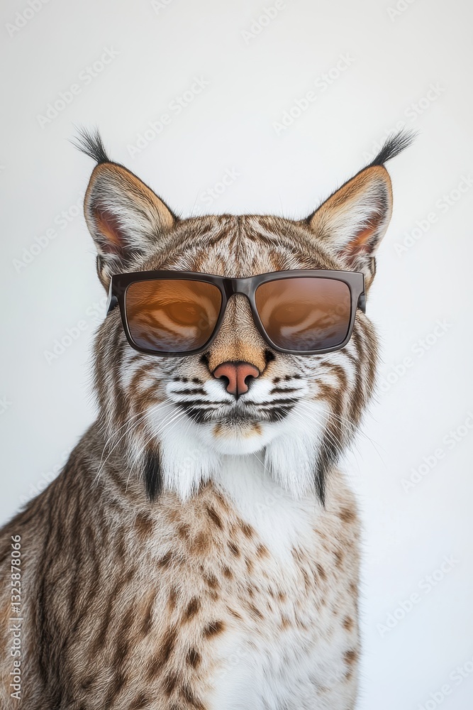Fototapeta premium Lynx wearing stylish sunglasses posing for a fun portrait in a studio environment, showcasing playful animal photography and unique pet fashion concept.
