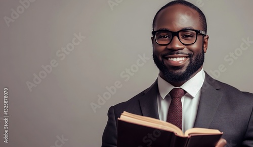 Smiling Black businessman in suit holding book.