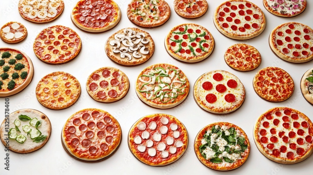 A vibrant display of pizza selections, emphasizing their delicious details against a white background. A vibrant display of pizza selections, emphasizing their delicious details against a white background.