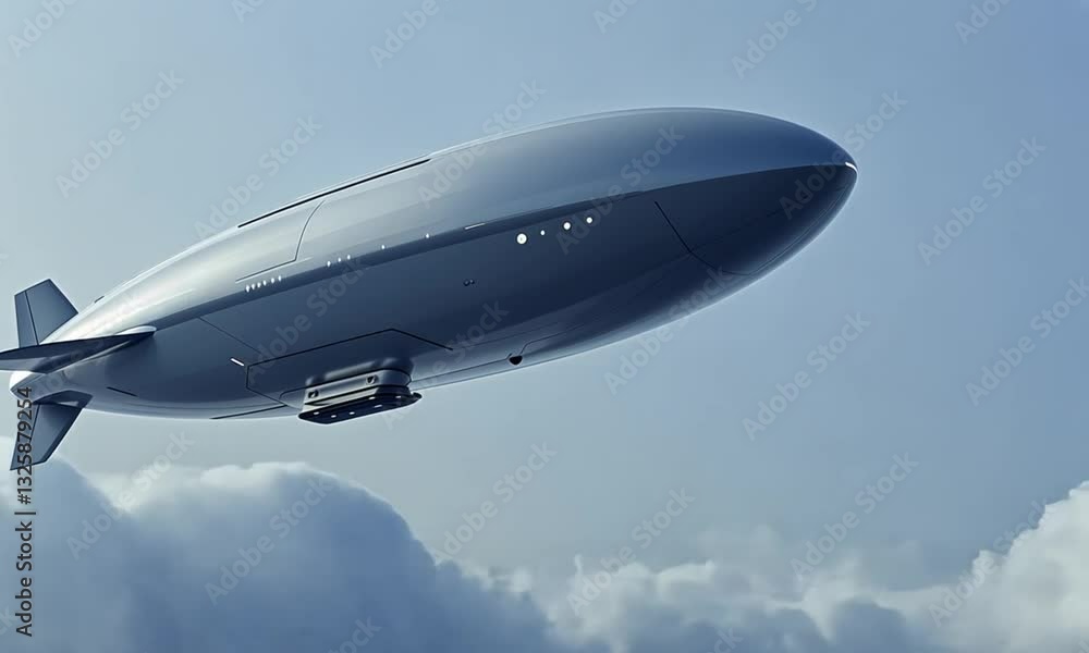 Modern airship flies above clouds; futuristic transport Modern airship flies above clouds; futuristic transport