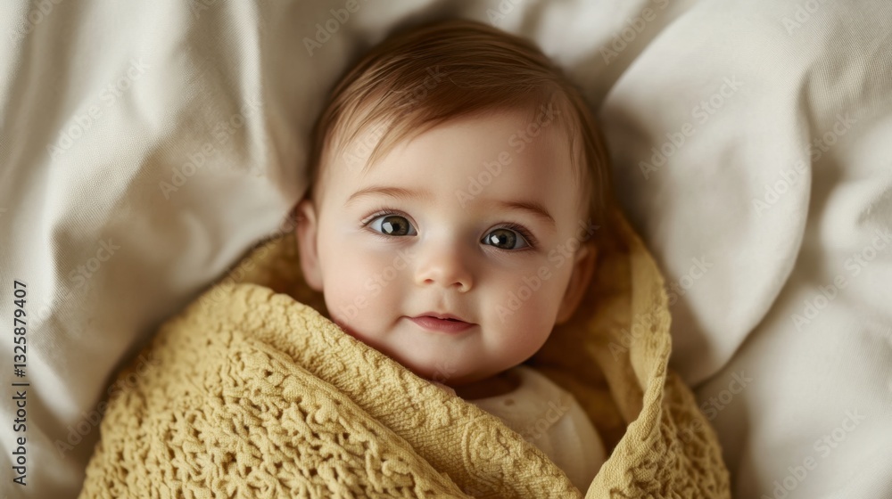 Close-up portrait of a baby wrapped in a soft yellow knitted blanket. Close-up portrait of a baby wrapped in a soft yellow knitted blanket.