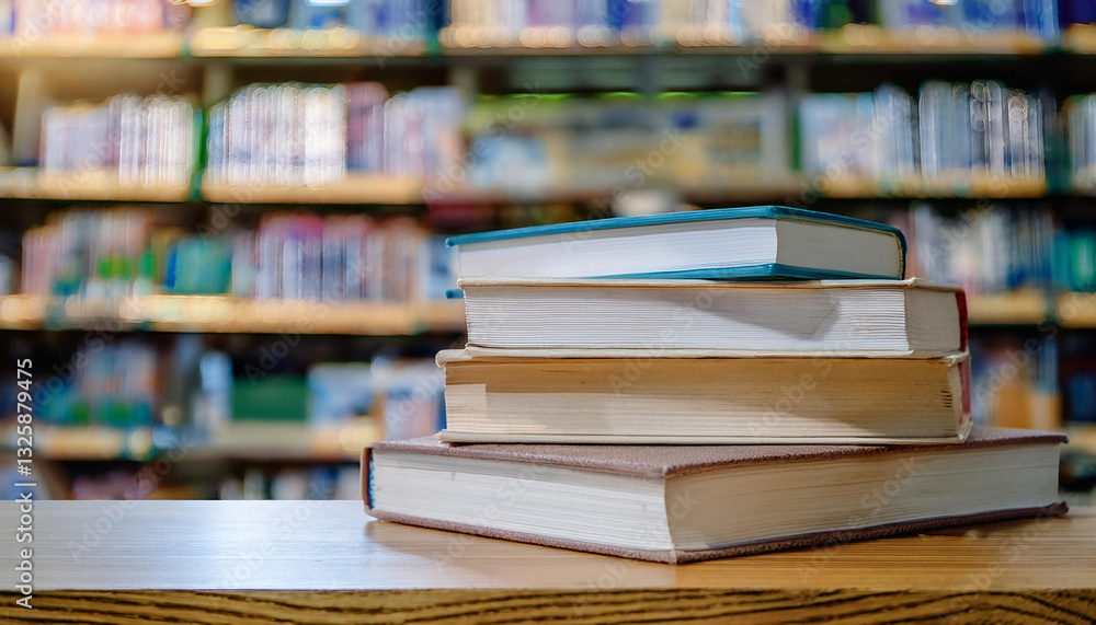 closeup of stack of books on table in library with blurred bookshelf background closeup of stack of books on table in library with blurred bookshelf background