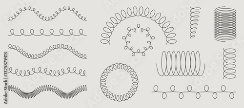 Spring and coil shapes collection - various spiral, wavy and looped lines. Minimalist doodle monochrome design elements set. Hand drawn vector squiggles and curves for borders, dividers, decorations.
