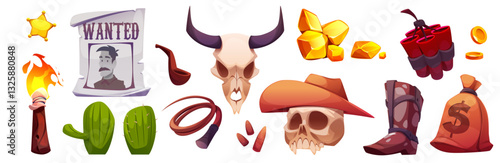 Wild west cowboy elements set - wanted poster, horned cow skull, green cactus, gold nuggets, dynamite bundle, cowboy hat, boot and whip, lasso and sack of money. Vector assets for game ui design.