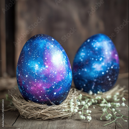 Cosmic galaxy painted Easter eggs in nest, showcasing vibrant colors and star patterns. Perfect for festive decorations and creative celebrations