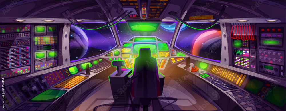 Fototapeta premium Spaceship cockpit interior - futuristic control panels, neon glowing displays, colorful buttons, switches and levers. Pilot seats front view inside spacecraft cabin. Science fiction starship bridge.