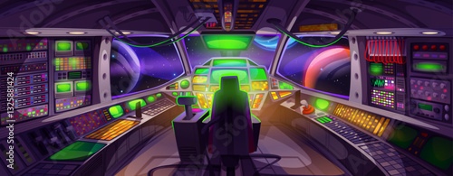 Spaceship cockpit interior - futuristic control panels, neon glowing displays, colorful buttons, switches and levers. Pilot seats front view inside spacecraft cabin. Science fiction starship bridge.