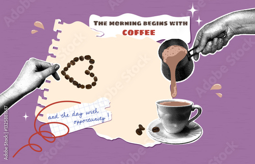 Trendy halftone collage. Hand with halftone effect pours hot coffee into white porcelain cup,heart of coffee beans. Colors mocha mousse