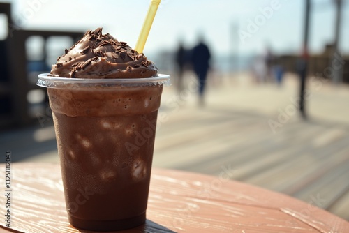 Wallpaper Mural Chocolate milkshake in plastic cup with whipped cream and chocolate shavings on a wooden table by the beach. Torontodigital.ca