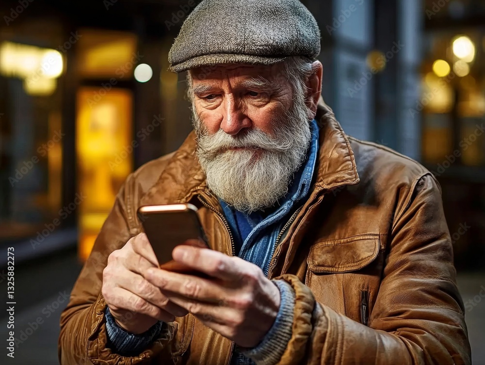 An elderly man with a beard is engaged with his smartphone. An elderly man with a beard is engaged with his smartphone.
