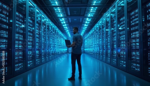A person inspecting or working on servers in a data center with blue lighting, highlighting technology and data management.