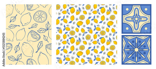 Floral lemon and Mediterranean tile patterns set. Vector illustration of yellow citrus fruit and leaves on seamless poster, blue mosaic ornament squares, interior decoration, textile design doodle art