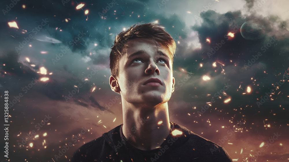 Fototapeta premium Abstract Artwork with Blurred Person and Glowing Particles technology concept 