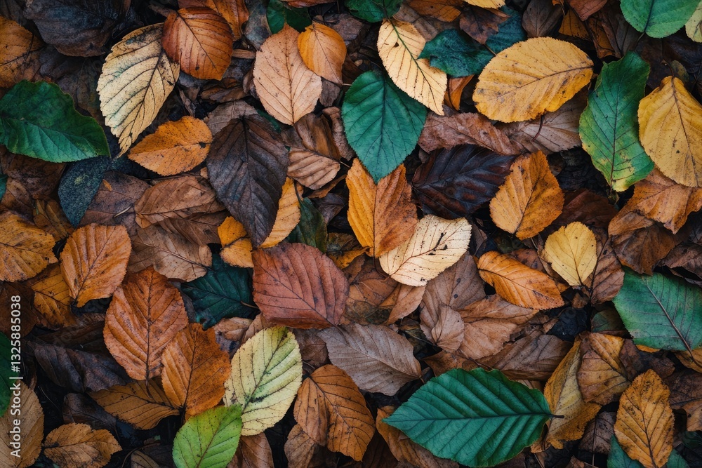 Fototapeta premium A collection of colorful autumn leaves scattered on the ground, showcasing various shades of green, yellow, brown, and orange.