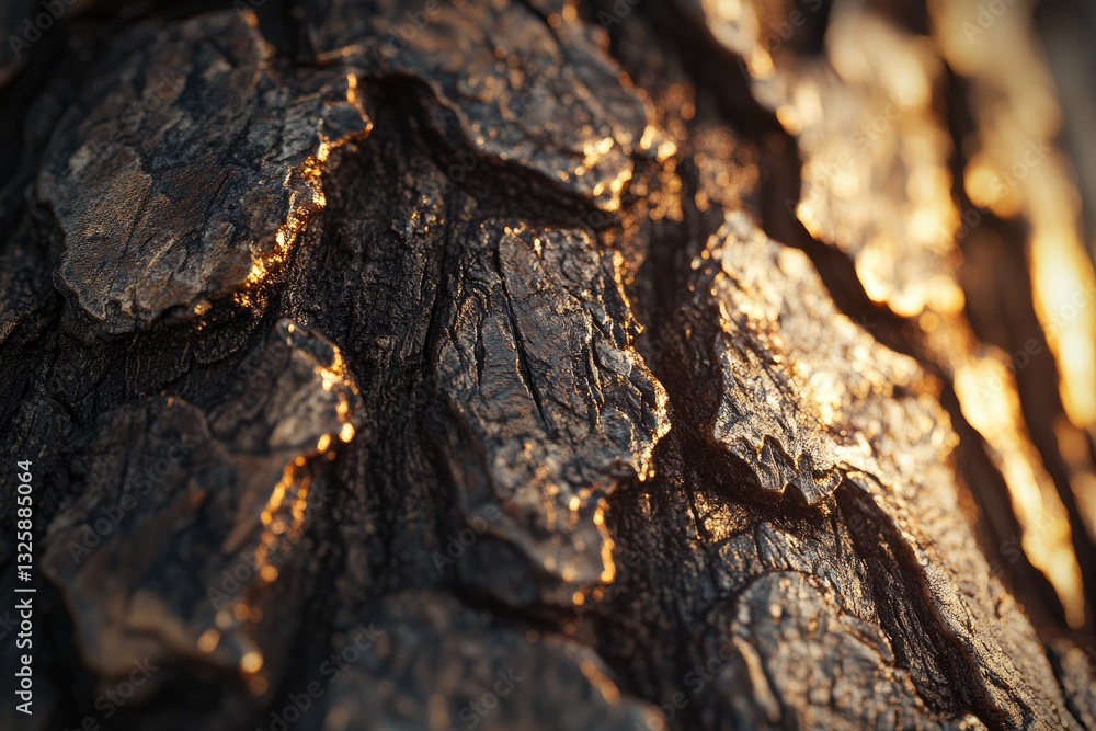Detailed close-up of textured tree bark illuminated by warm light, showcasing its natural patterns and earthy tones. Detailed close-up of textured tree bark illuminated by warm light, showcasing its natural patterns and earthy tones.