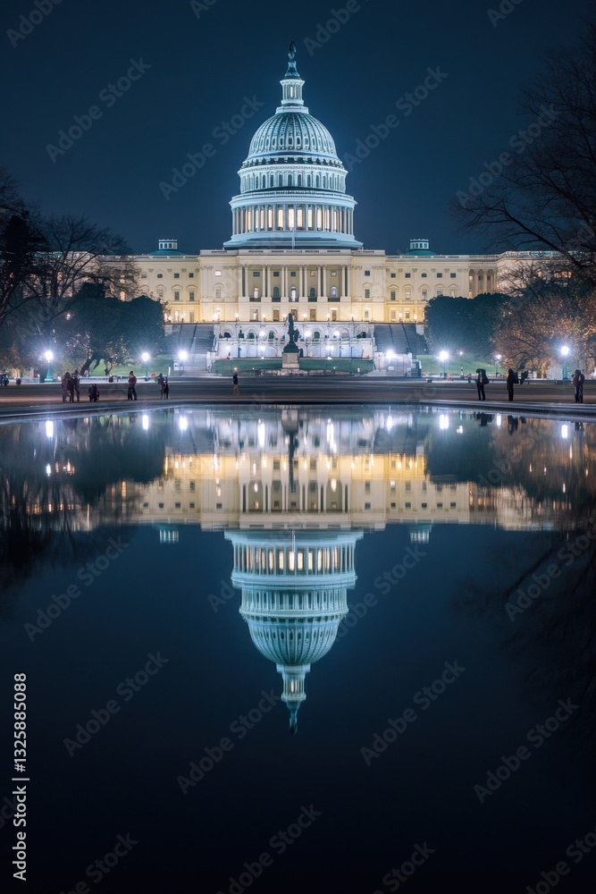 Fototapeta premium The Capitol building at night with bright lights reflecting on the water and a dark blue sky.