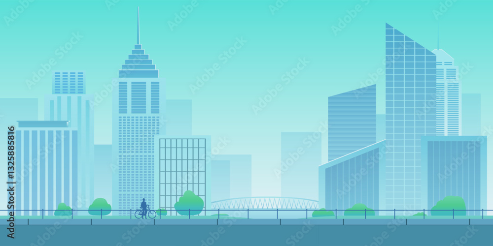 Fotobehang Zeegroen Modern city skyline with contemporary skyscrapers office buildings glass facades green park trees bridge and cyclist urban landscape background illustration #1325885816