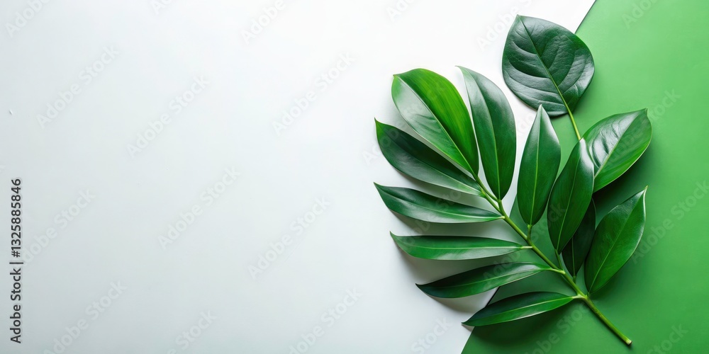 Fototapeta premium High-Angle Green Leaves Flat Lay: Minimalist Luxury Urban Exploration Photography