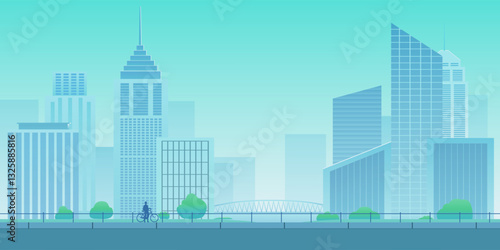 Modern city skyline with contemporary skyscrapers office buildings glass facades green park trees bridge and cyclist urban landscape background illustration